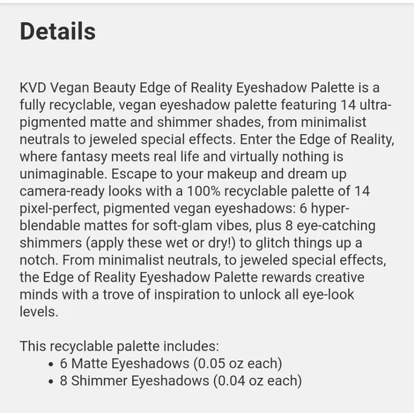 KVD VEGAN BEAUTY EDGE OF REALITY EYESHADOW PALLETTE. - Picture 7 of 8